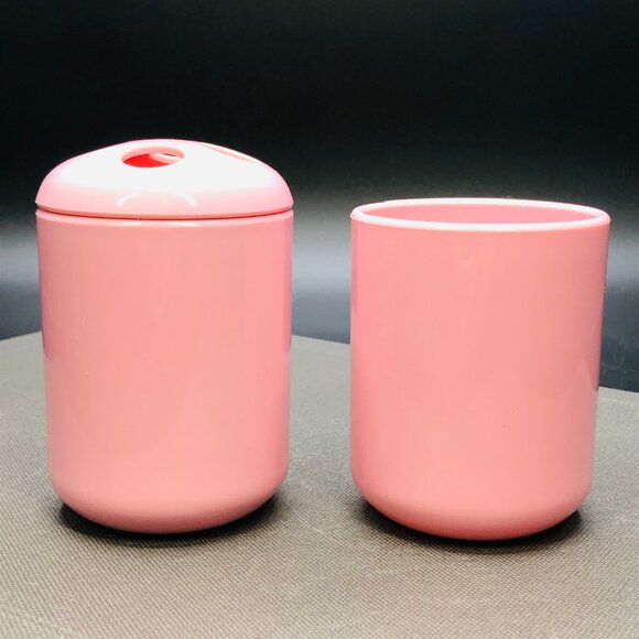 Vintage 80s TEA ROSE Dusty Pink Bathroom Accessory Set: Toothbrush Holder - Cup - Picture 3 of 8